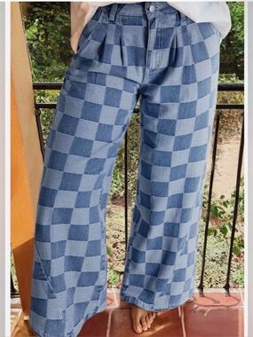 Checkerboard Wide Leg Denim Pants - Blue